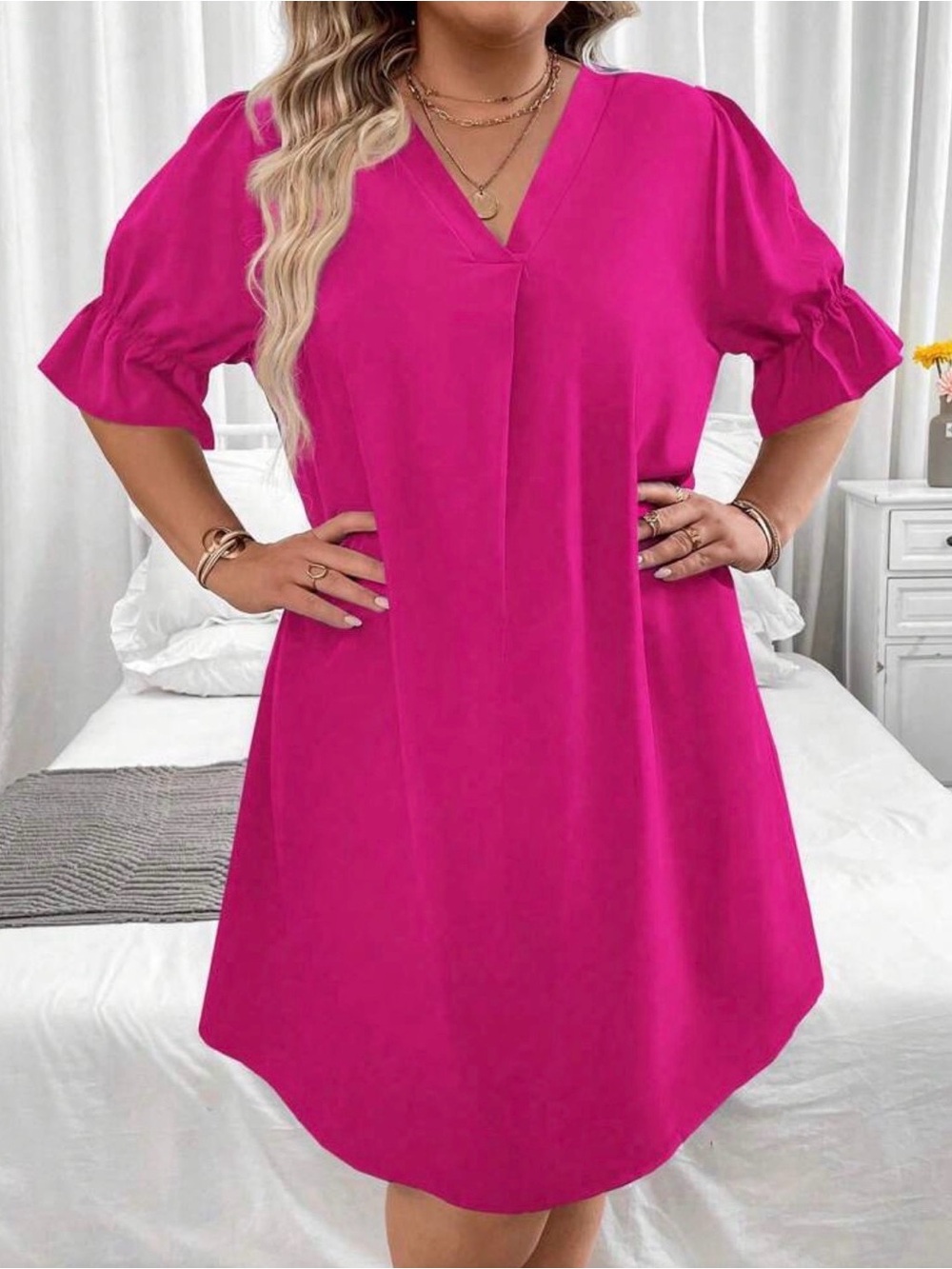 V-Neck Flutter Sleeve Shift Dress - Hot Pink - 1XL - SHEIN Curve